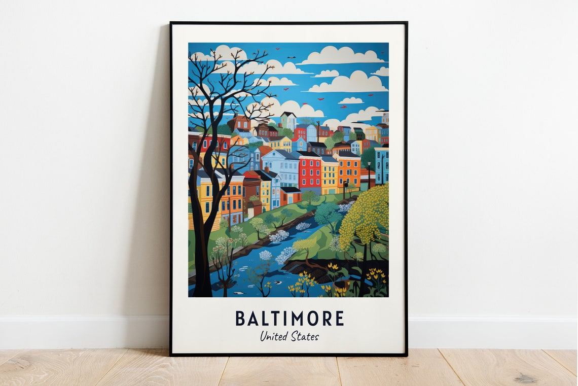 Baltimore United States Colorful Row Houses River Spring Scene Poster