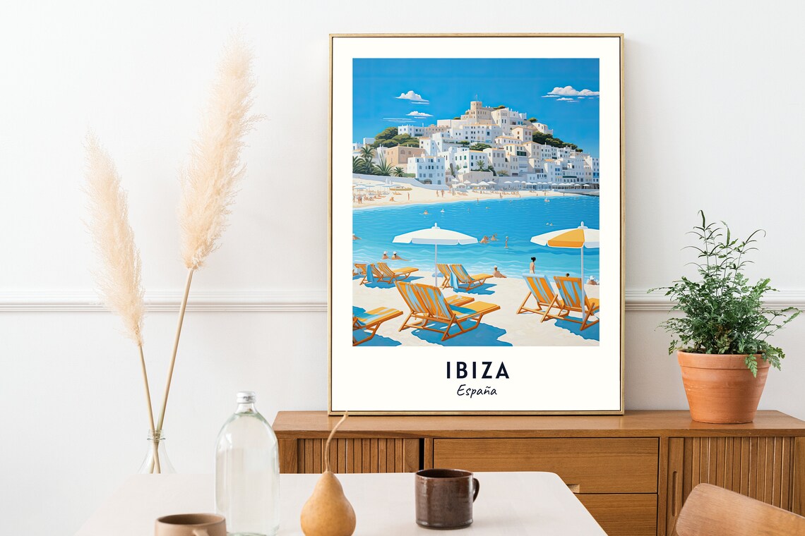 Ibiza Spain Sunny Beach Umbrellas Whitewashed Town Blue Sea Poster - Image 2
