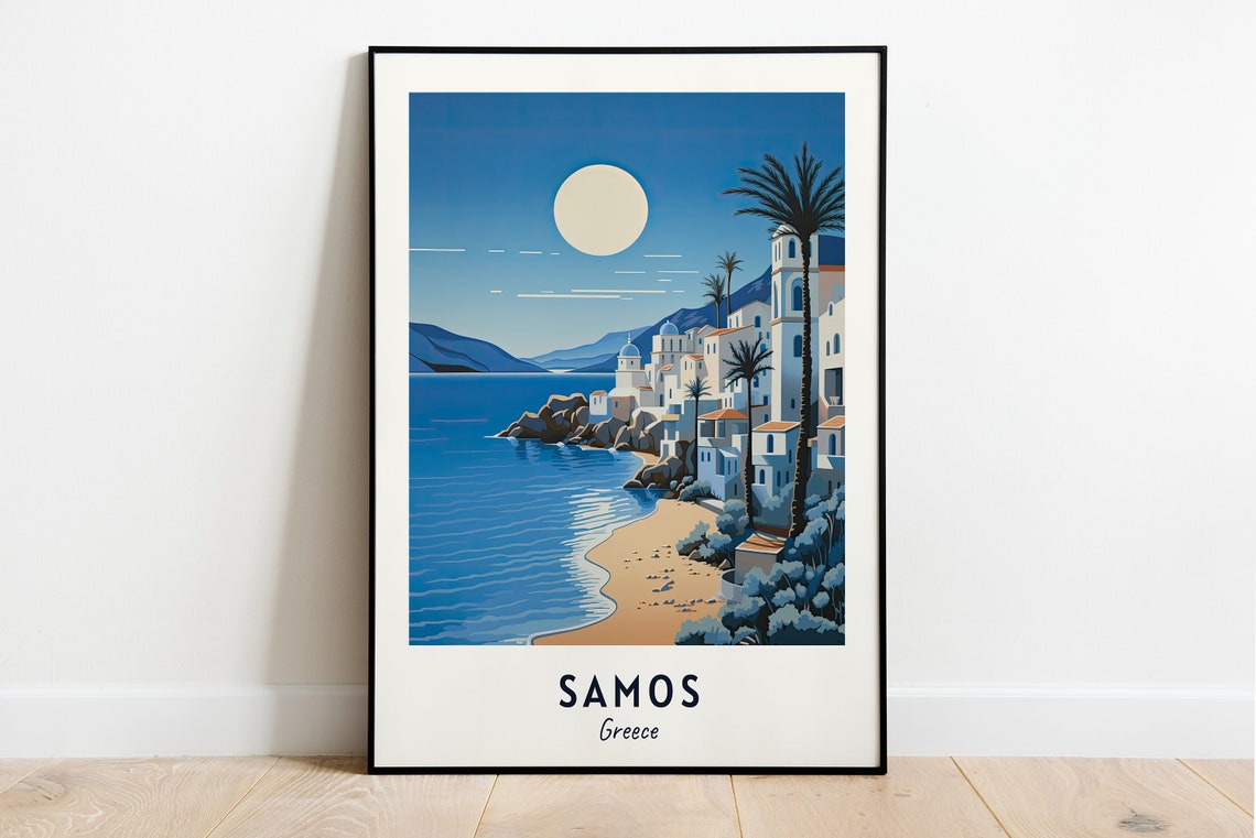 Samos Greece Moonlit Beach With Whitewashed Village Scene Poster