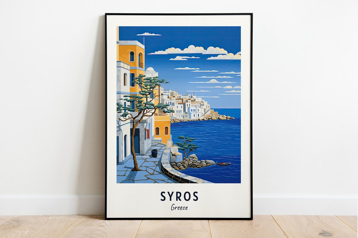 Syros Whitewashed Town Seafront Waterfront Greece Travel Poster