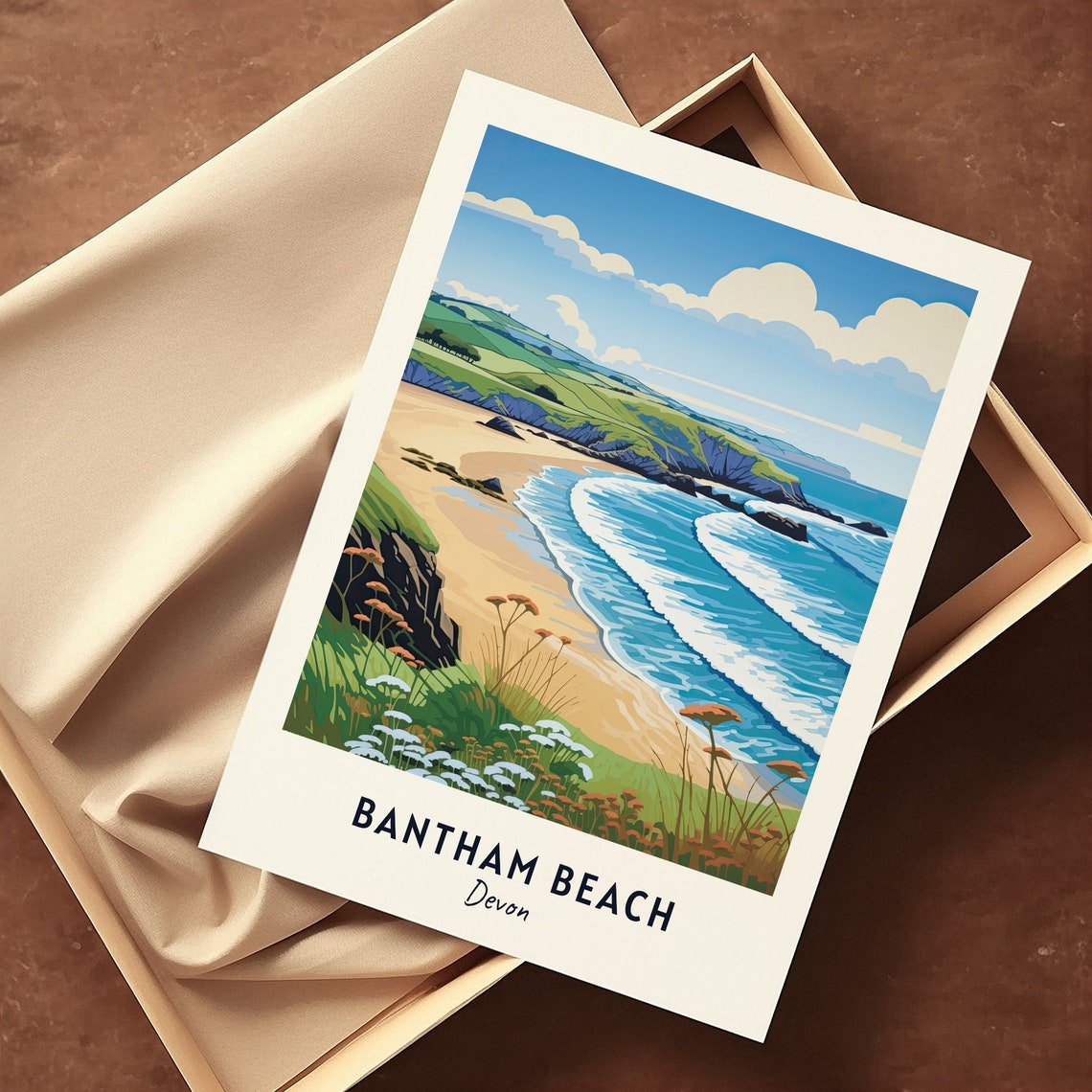 Bantham Beach Devon Sandy Shoreline Waves Wildflowers Poster - Image 3