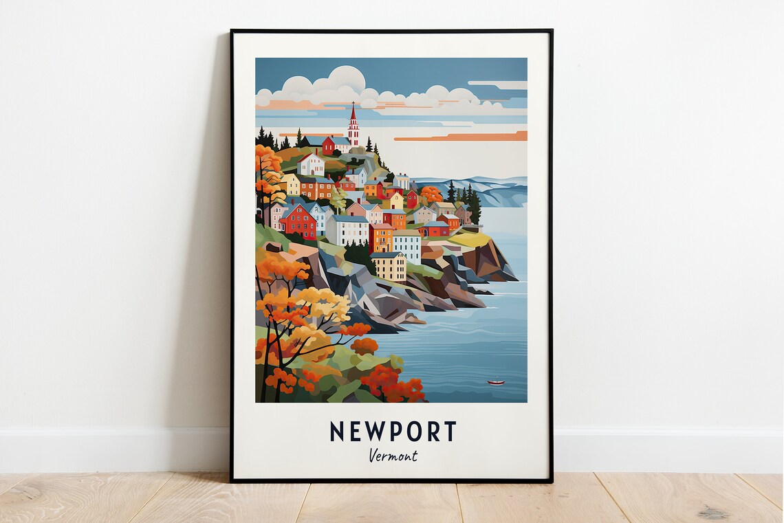Newport Vermont Coastal Cliff Town in Autumn Colors Travel Poster