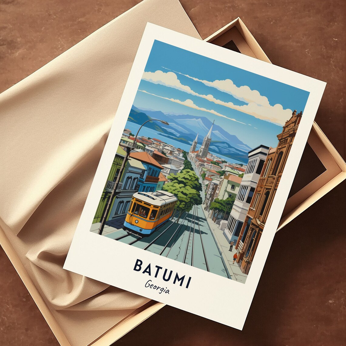 Vintage Yellow Tram on a Steep City Street Batumi Georgia Poster - Image 3