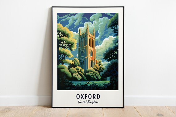 Oxford United Kingdom Church Tower Among Trees Travel Poster