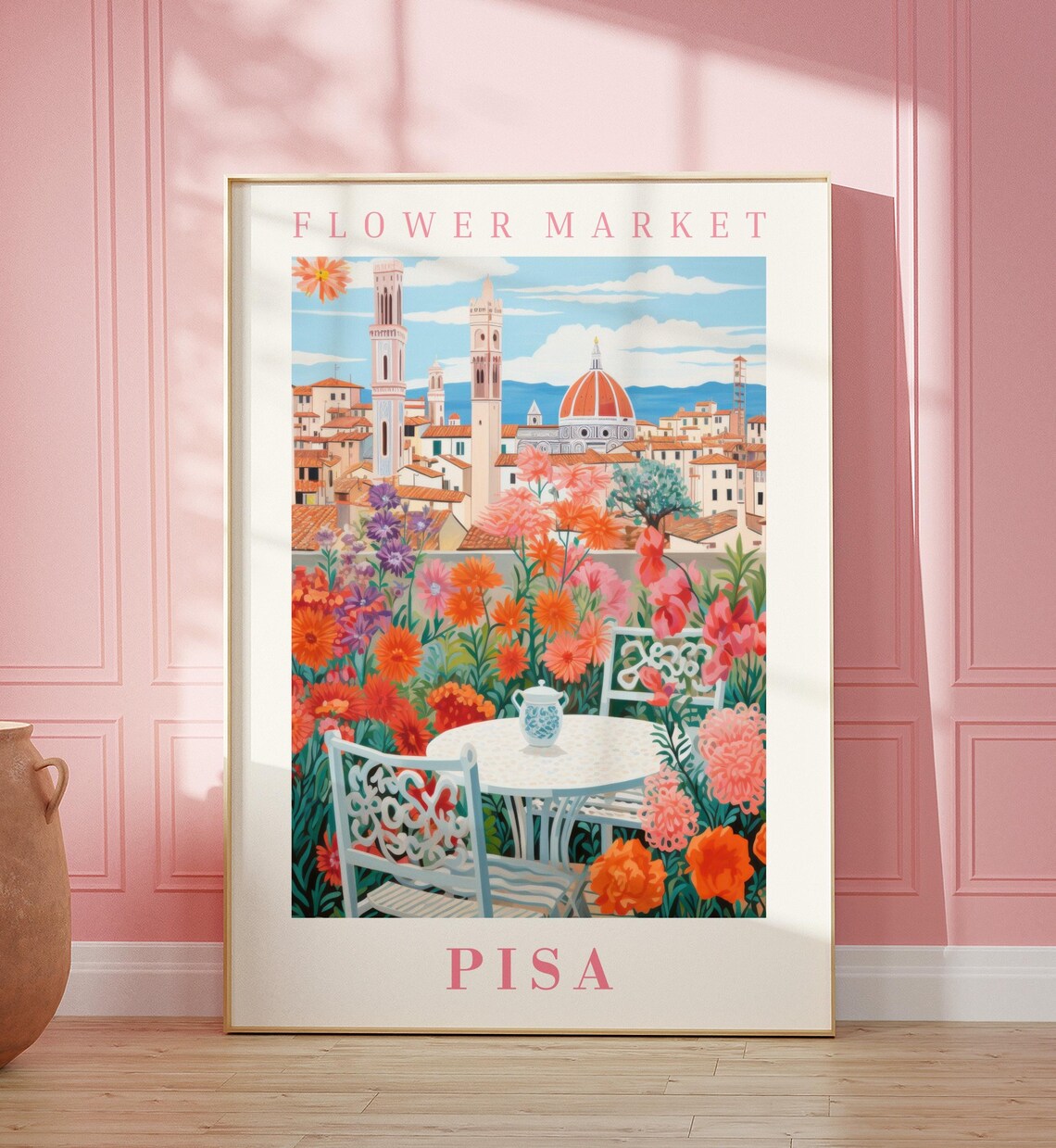 Pisa Italy Flower Market Italian Garden Tea Table Travel Poster