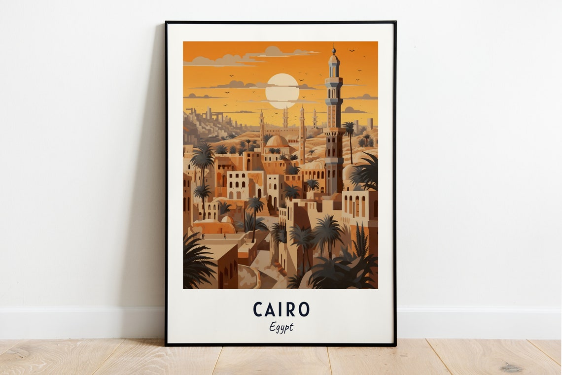 Cairo Old Town Minarets Domes Sunset Palm Trees Travel Poster