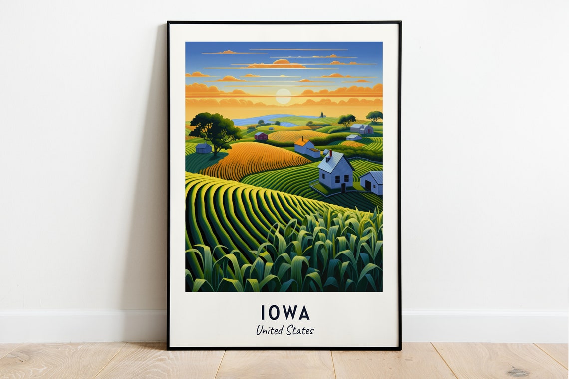 Iowa United States Rolling Cornfields Sunset Farmhouse Poster