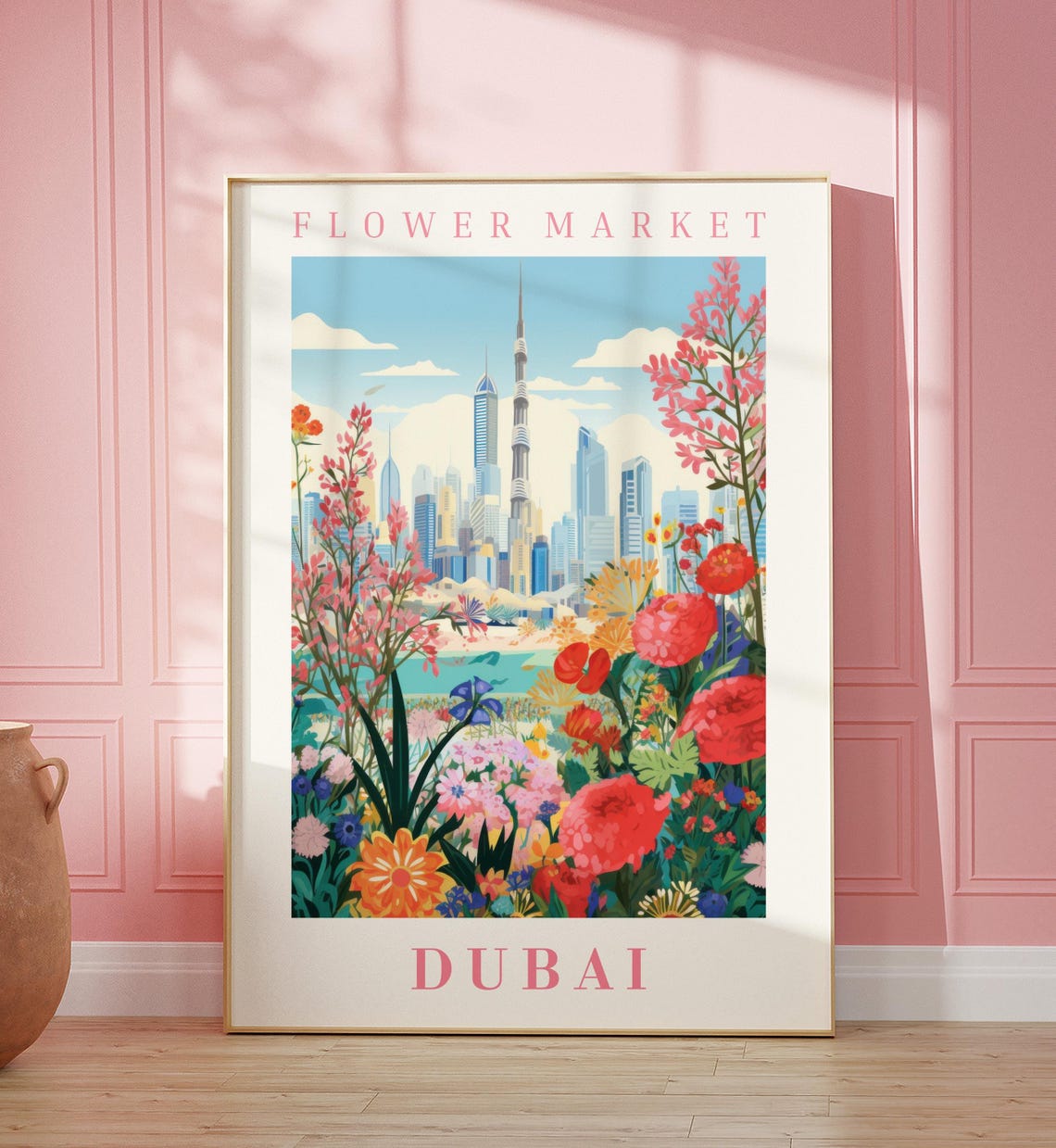 Dubai Flower Market Poster with Burj Khalifa Blossom Garden Skyline