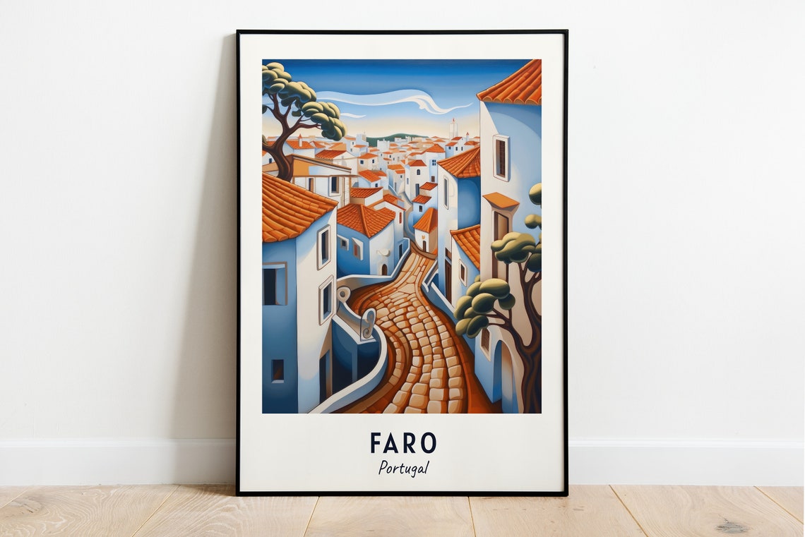 Faro Portugal Cobblestone Old Town Street Travel Poster Artwork