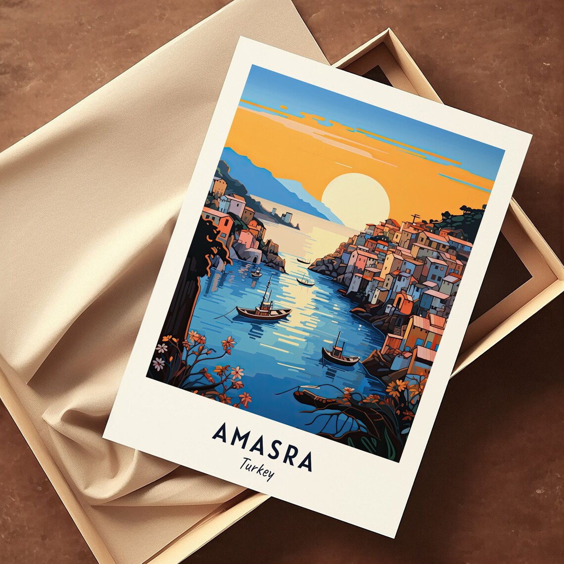 Amasra Turkey Sunset Harbor Boats Minimalist Seascape Travel Poster - Image 3