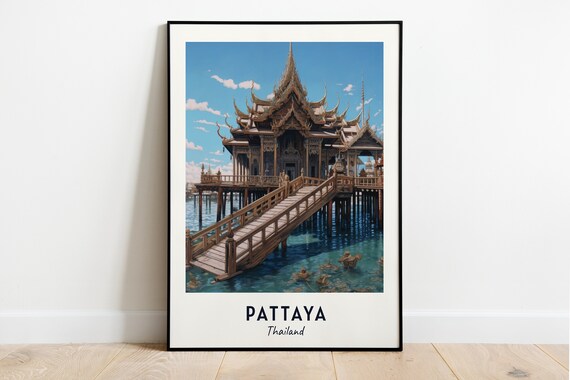 Pattaya Thailand Wooden Temple Overwater Travel Poster Artwork