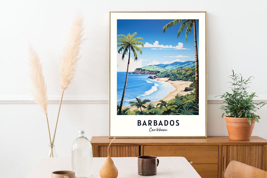 Barbados Caribbean Palm Fringed Beach Cliffs Daytime Travel Poster - Image 2
