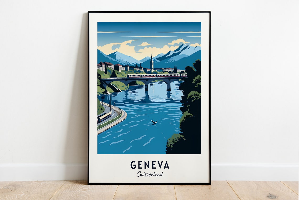 Geneva Switzerland River Bridge Alpine Mountain View Travel Poster