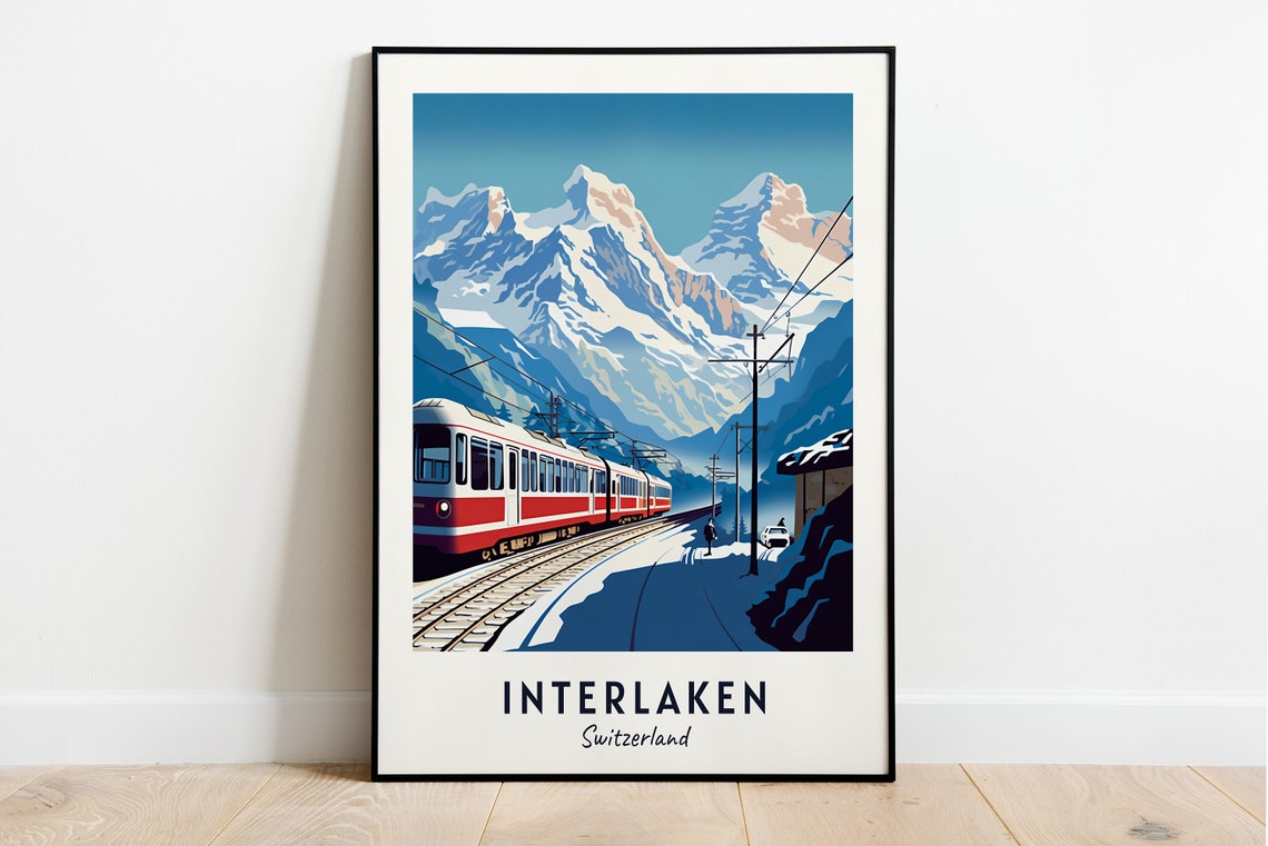 Interlaken Switzerland Red Train Snowy Alps Peak Travel Poster