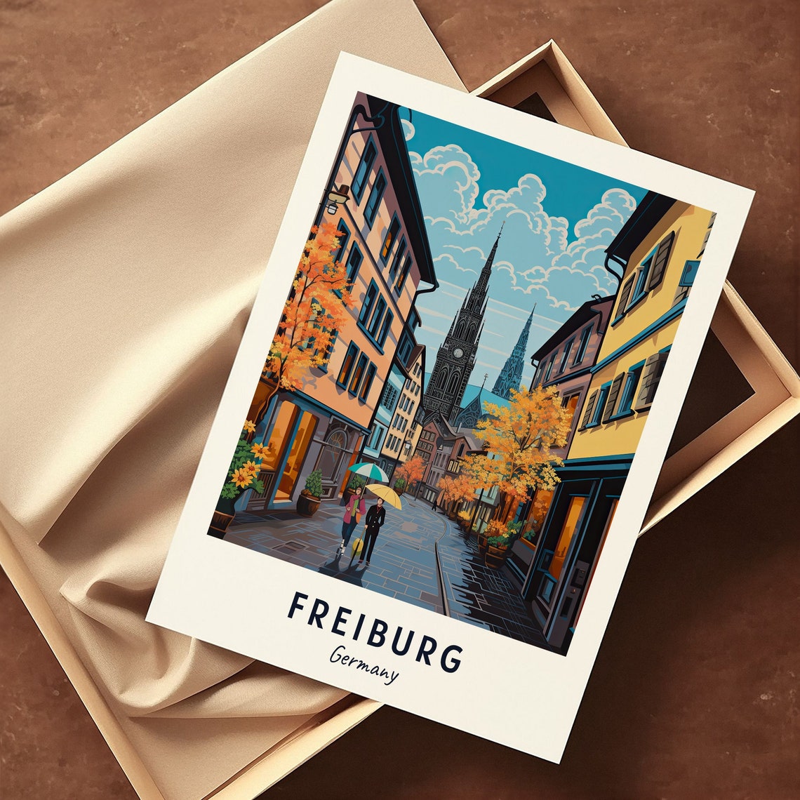 Freiburg Germany Gothic Minster Autumn Cobblestone Street Poster - Image 3
