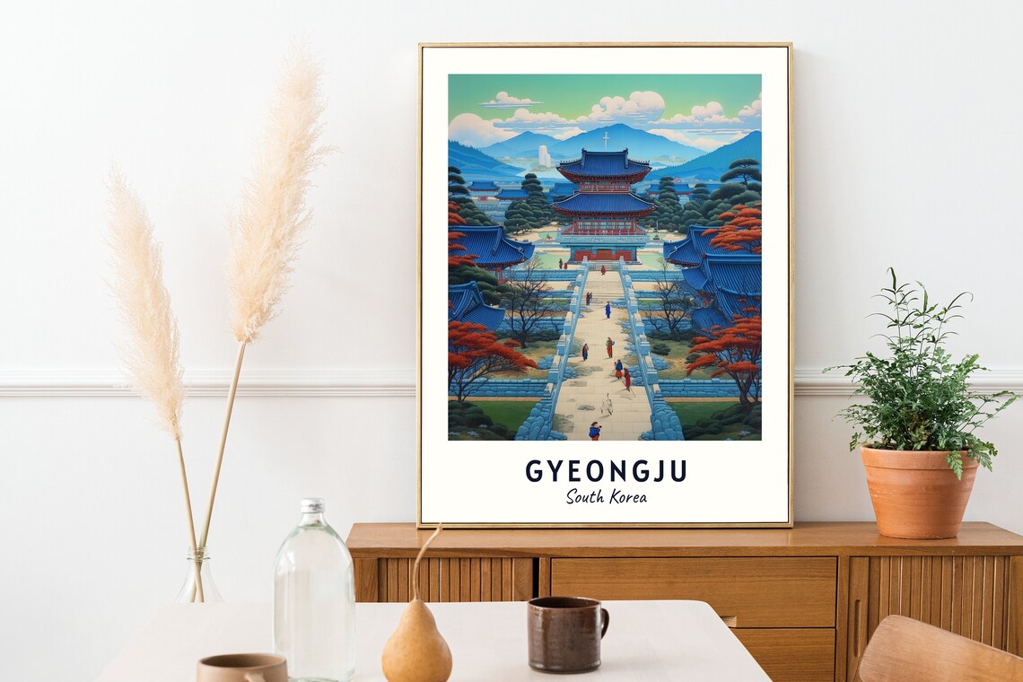 Gyeongju South Korea Ancient Temple Blue Roofs Mountain Travel Poster - Image 2