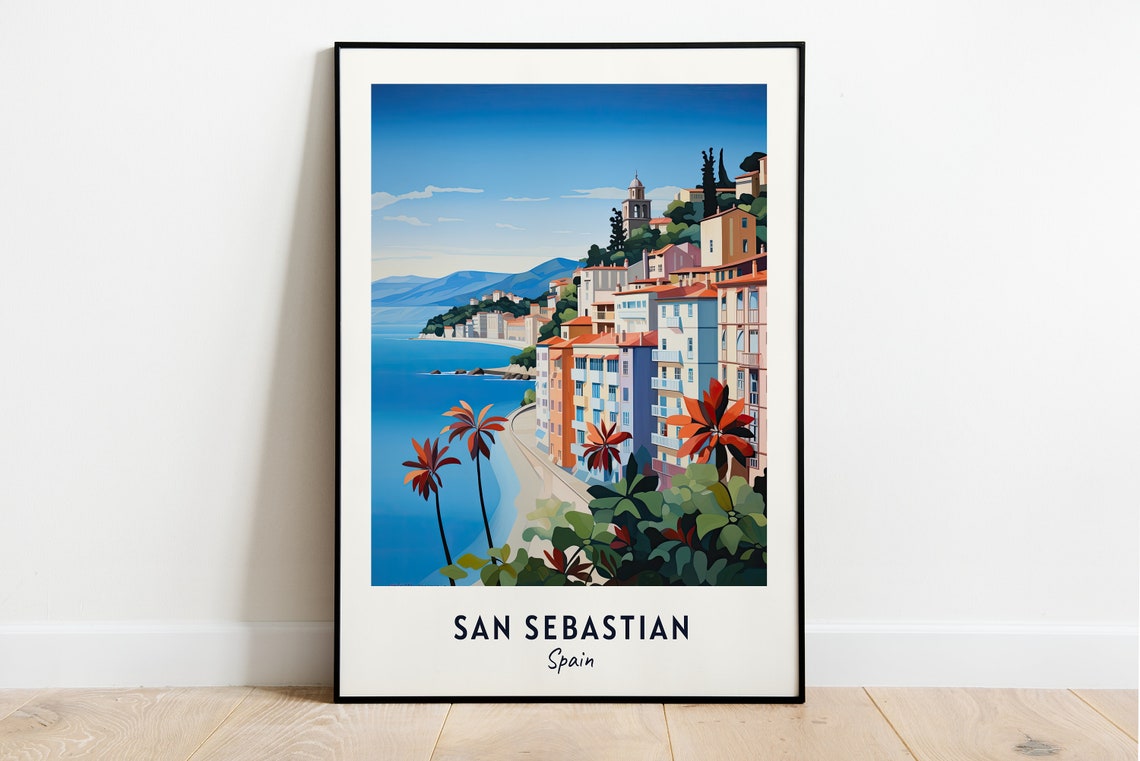 San Sebastian Spain Coastal Hillside Town Minimalist Travel Poster