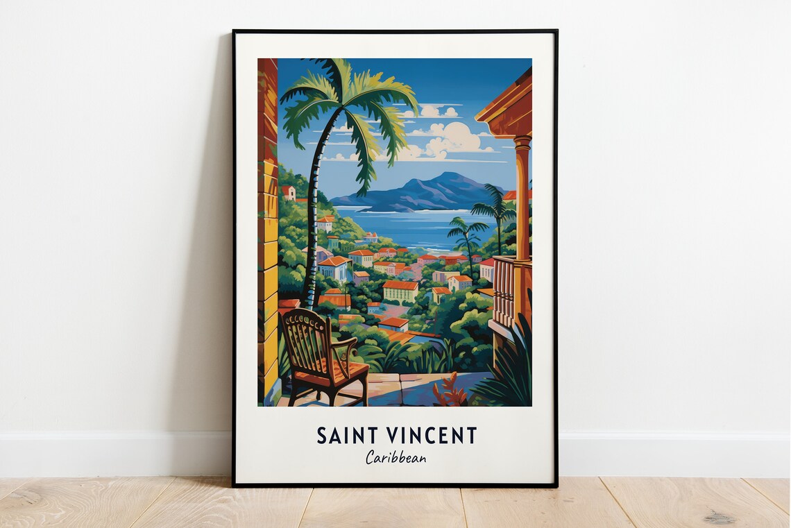 Saint Vincent Caribbean Balcony Ocean View Palm Travel Poster