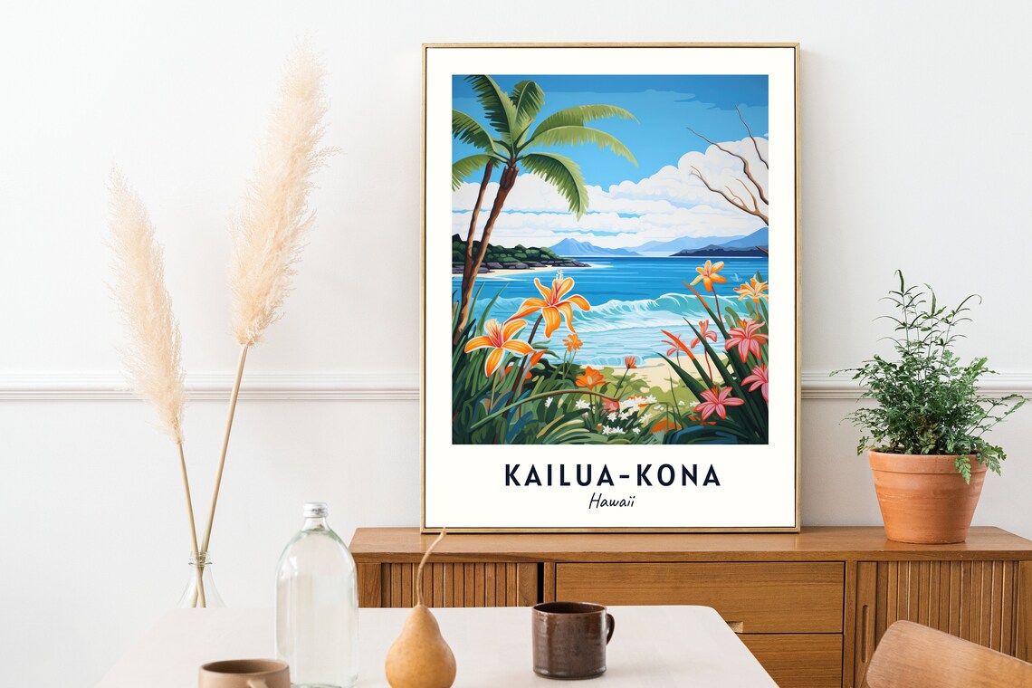 Kailua Kona Hawaii Beach Palm Flowers Minimalist Travel Poster - Image 2