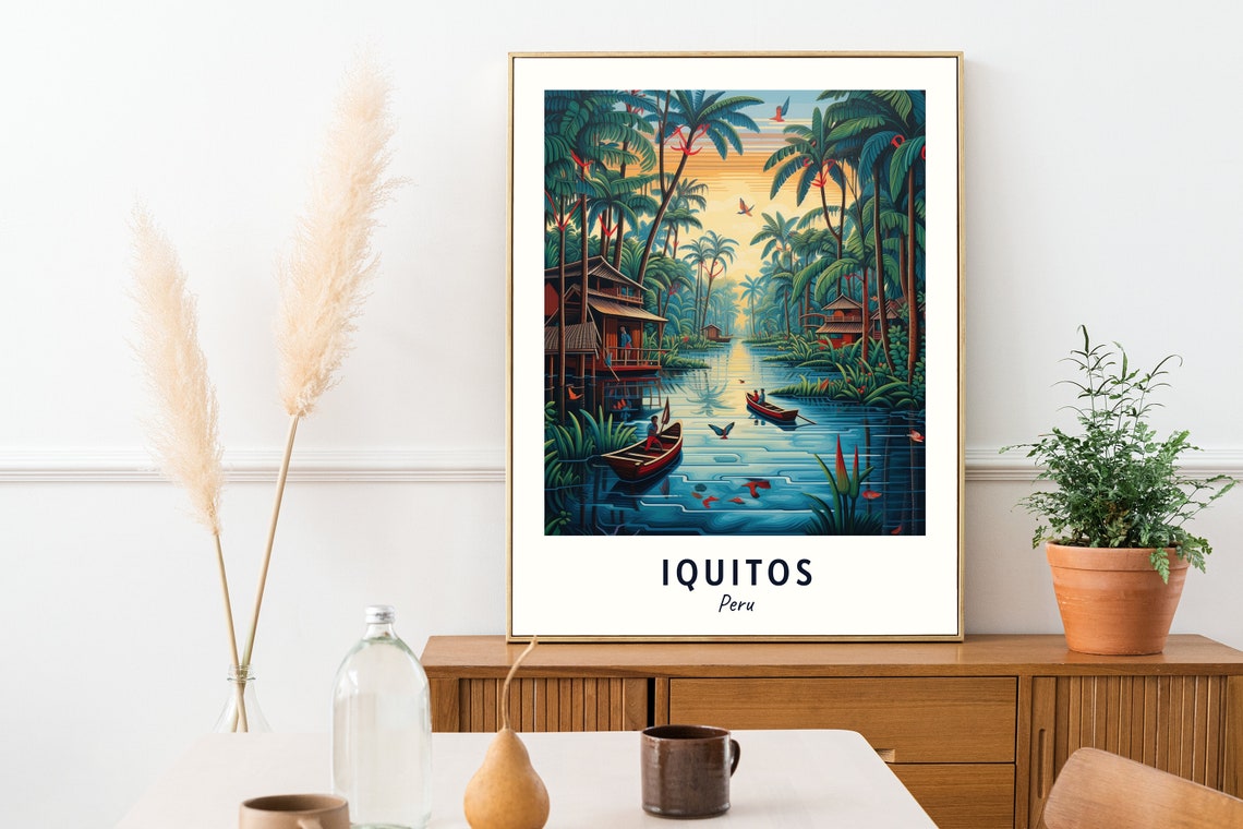 Iquitos Peru Amazon River Canoes Stilt Houses Sunset Jungle Poster - Image 2