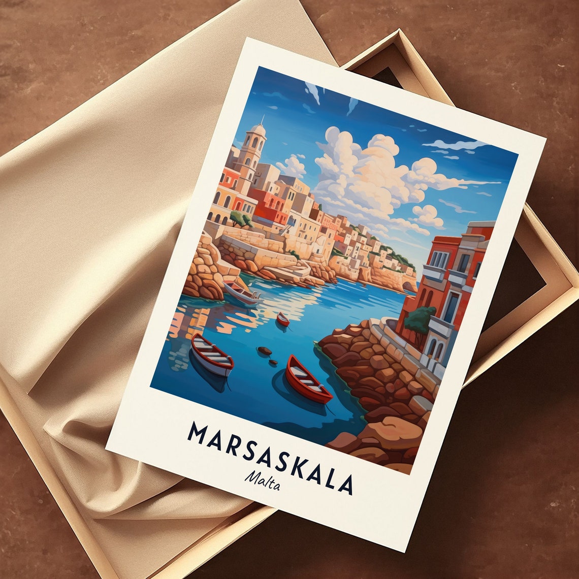 Rocky Coastal Inlet with Red Fishing Boats Marsaskala Malta Poster - Image 3