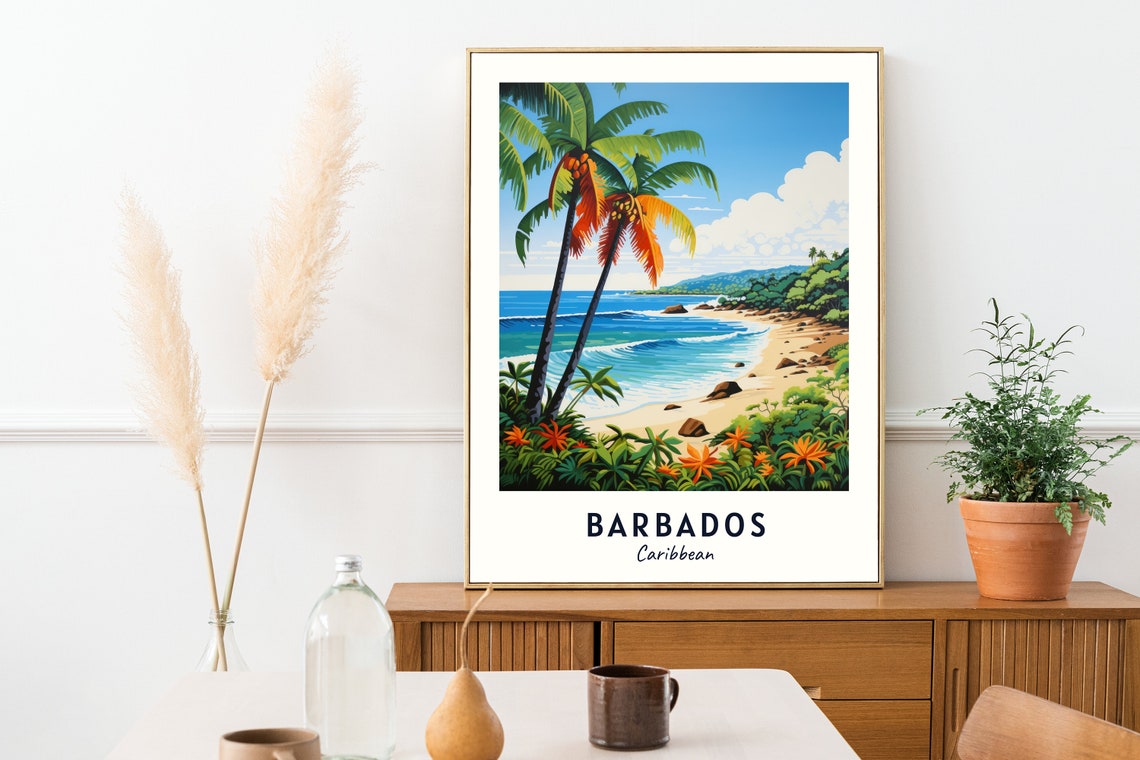 Barbados Caribbean Palm Tree Beach Tropical Scene Travel Poster - Image 2