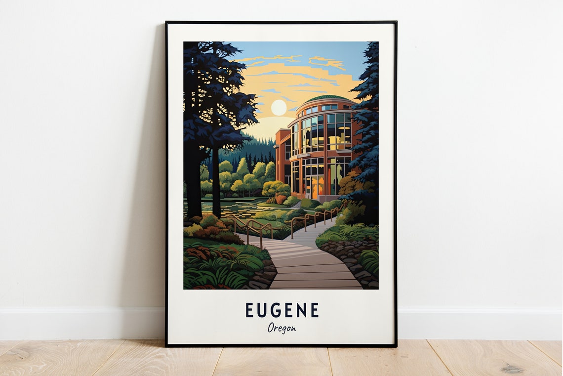 Eugene Oregon Riverfront University Building Sunset View Travel Poster