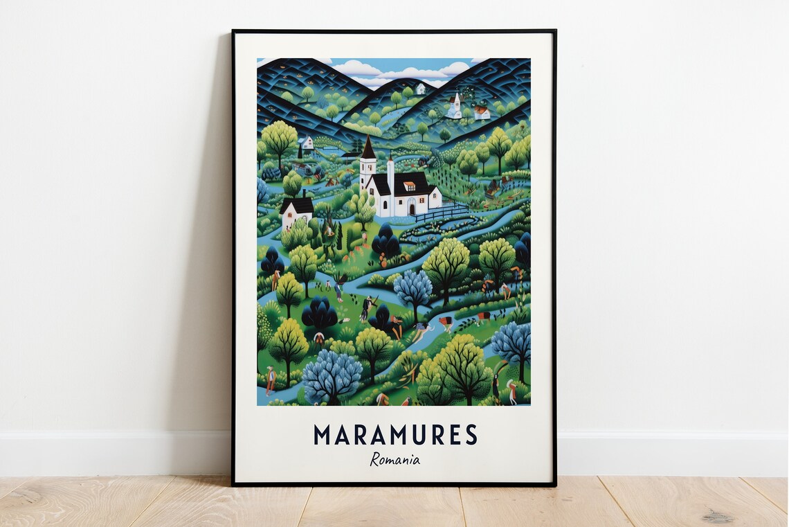 Maramures Green Valley Village with Wooden Church in Romania Poster