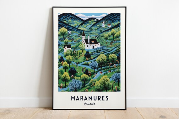 Maramures Green Valley Village with Wooden Church in Romania Poster