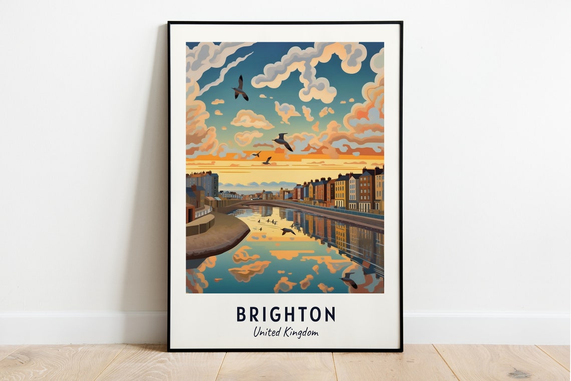 Brighton Seafront Esplanade Sunset Reflections Seagulls Travel Poster
