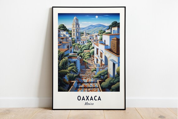 Oaxaca Colonial Old Town Moonlit Bell Tower Mexico Travel Poster