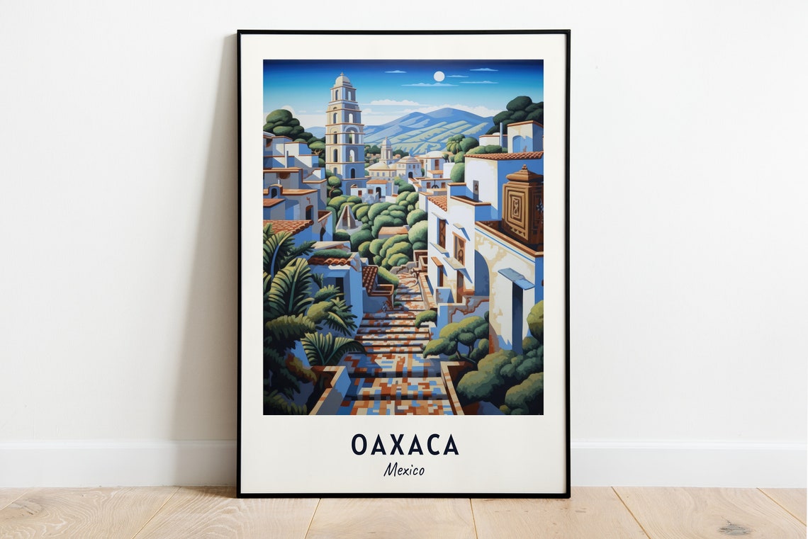 Oaxaca Colonial Old Town Moonlit Bell Tower Mexico Travel Poster