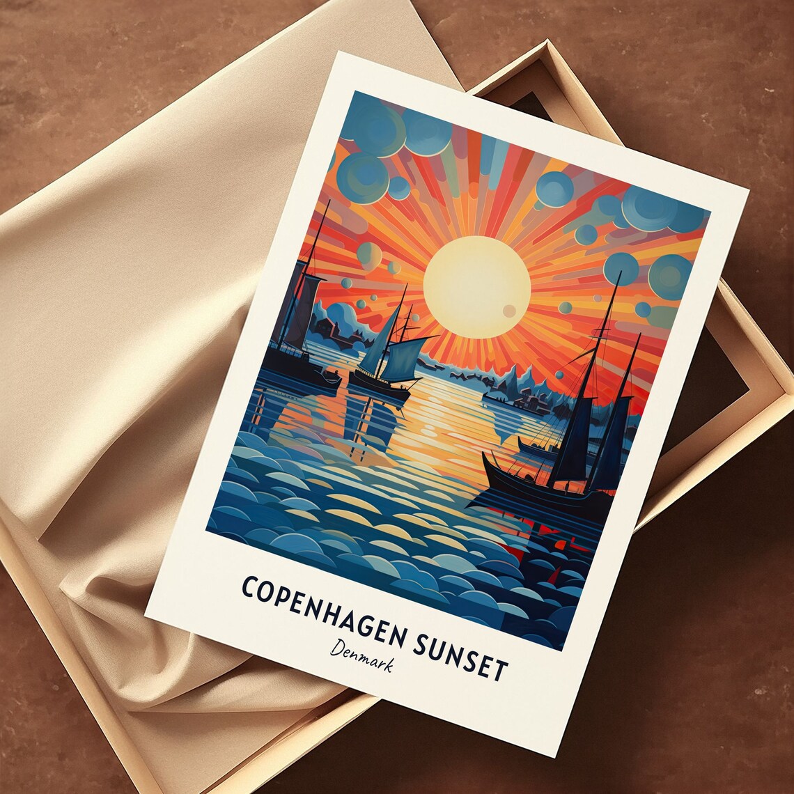 Copenhagen Sunset Harbor Sailing Ships Vintage Style Denmark Poster - Image 3