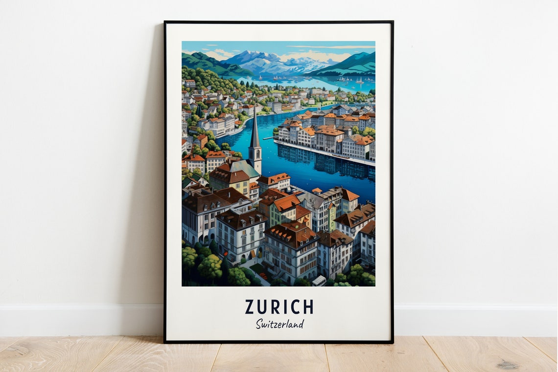 Zurich Limmat River City Snowy Alps Panorama View Travel Poster