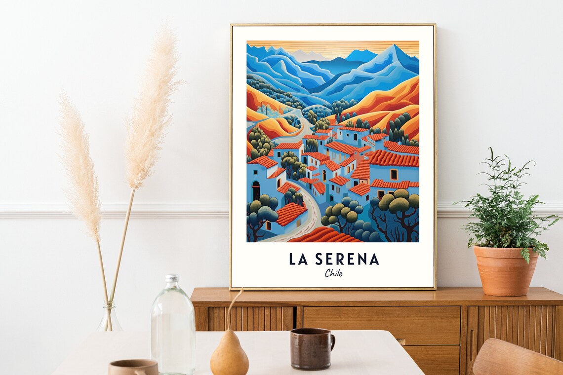 La Serena Chile Colorful Old Town Red Roofs Mountain Village Travel Poster - Image 2