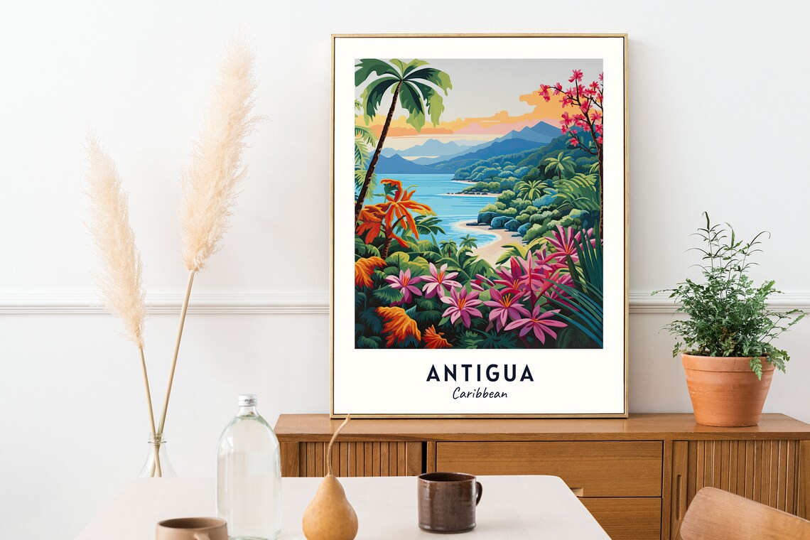 Antigua Caribbean Tropical Beach Palm Sunset Paradise Scene Poster - Image 2