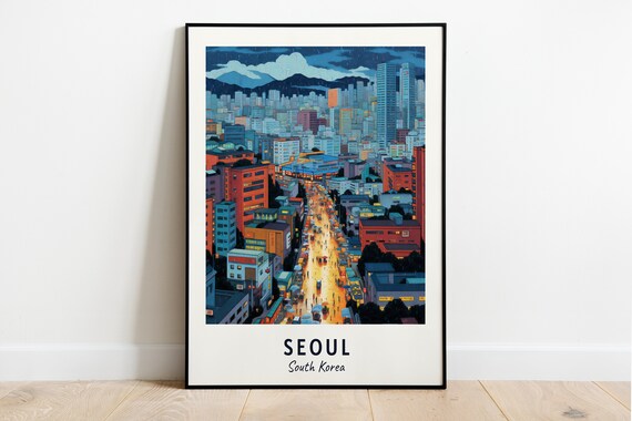 Seoul Night City Canyon Glowing Street Mountains Travel Poster