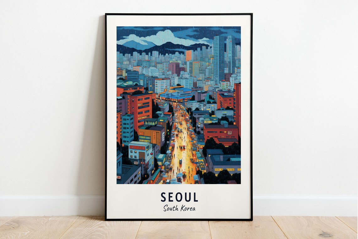 Seoul Night City Canyon Glowing Street Mountains Travel Poster