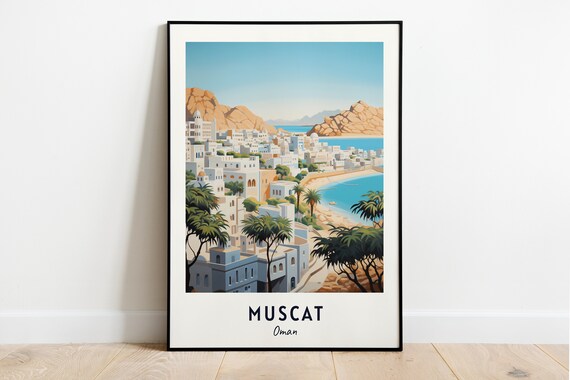 Muscat White Coastal Town Palms Rocky Hills Oman Travel Poster