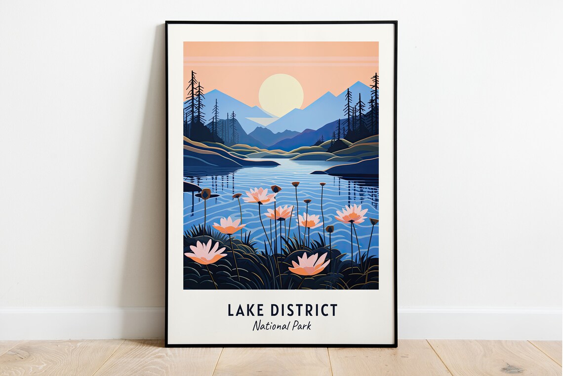 Lake District National Park Moonlit Lake Flowers Vintage Travel Poster