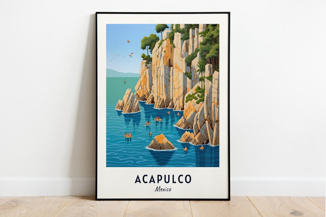La Quebrada Cliff Divers Golden Cliffs Acapulco Mexico Travel Poster