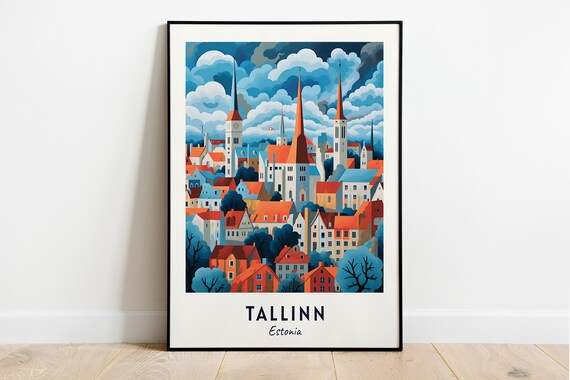 Tallinn Estonia Old Town Spires Dramatic Cloudy Sky Travel Poster