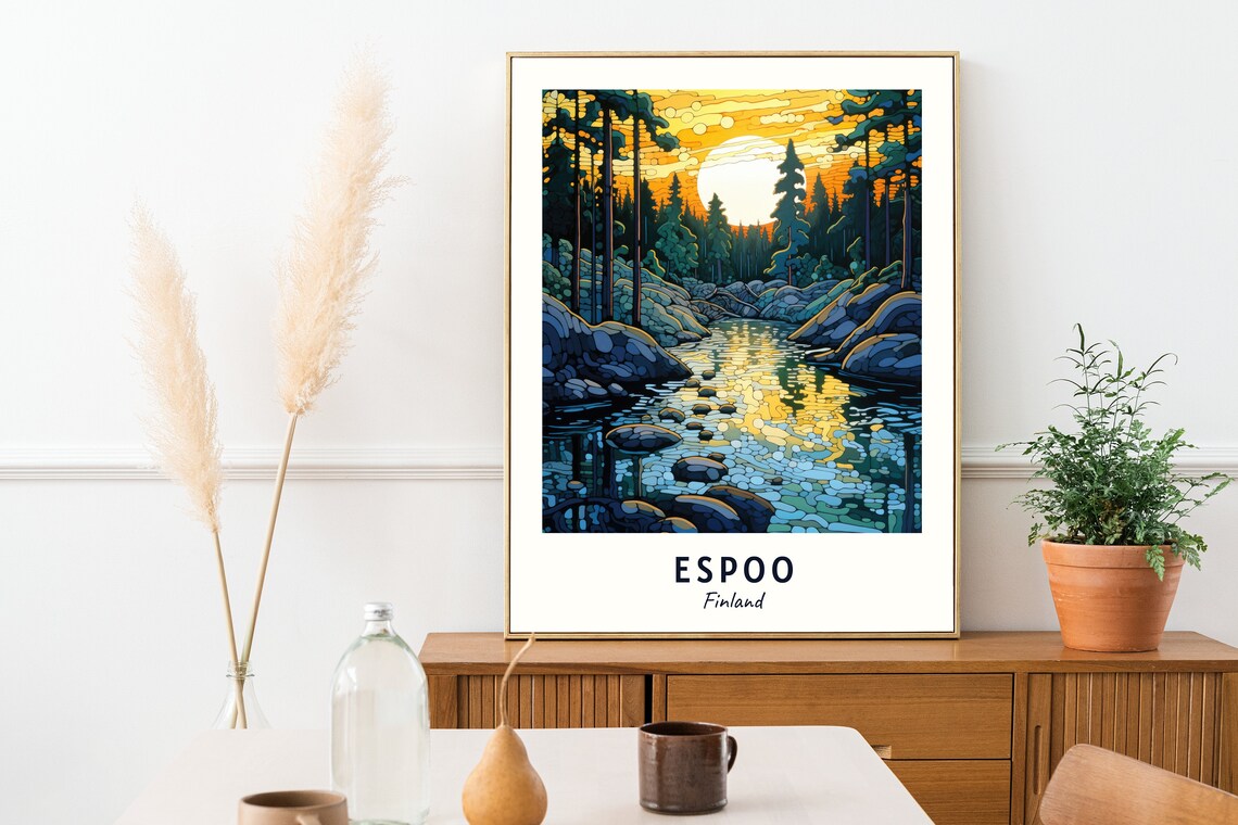 Espoo Finland Sunset Forest Stream Golden Nature Art Travel Poster - Image 2