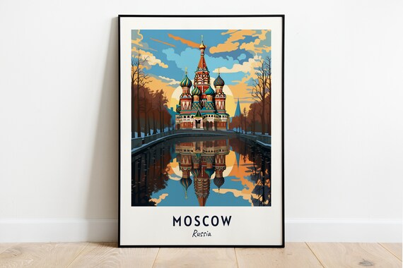 Moscow Russia St Basils Cathedral River Reflection Sunset Travel Poster