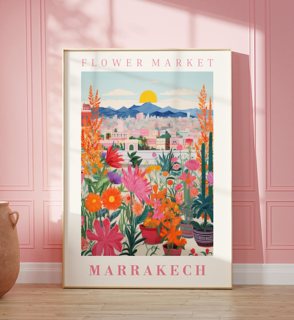 Marrakech Flower Market Travel Poster, Botanical Illustration