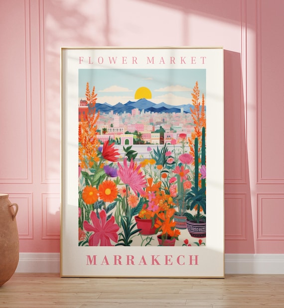 Marrakech Flower Market Travel Poster, Botanical Illustration