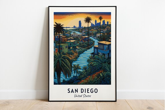 San Diego Sunset Bay Palm Trees Downtown Skyline Travel Poster