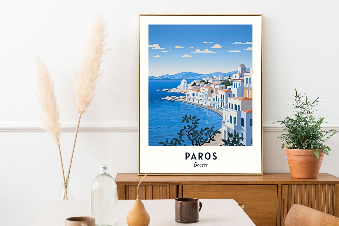 Paros Greece Whitewashed Coastal Town Blue Sea Harbor Poster - Image 2