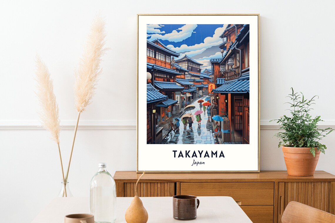 Rainy Old Town Street with Colorful Umbrellas Takayama Japan Poster - Image 2