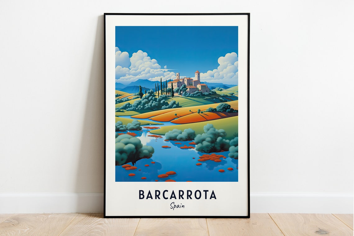Golden Barcarrota Spain Hilltop Village River Rolling Hills Poster
